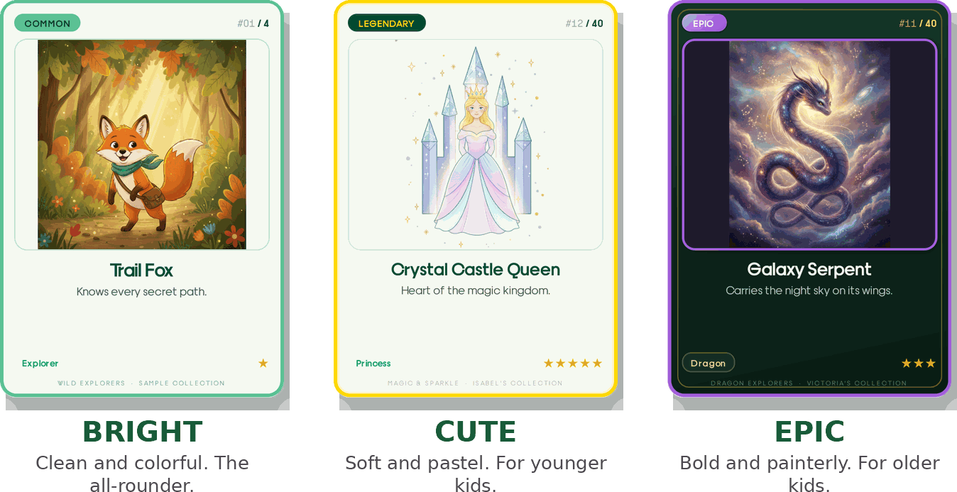 Card art styles: Bright, Cute, Epic